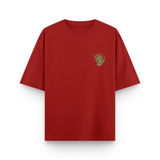 Red t-shirt with a green logo on a white background