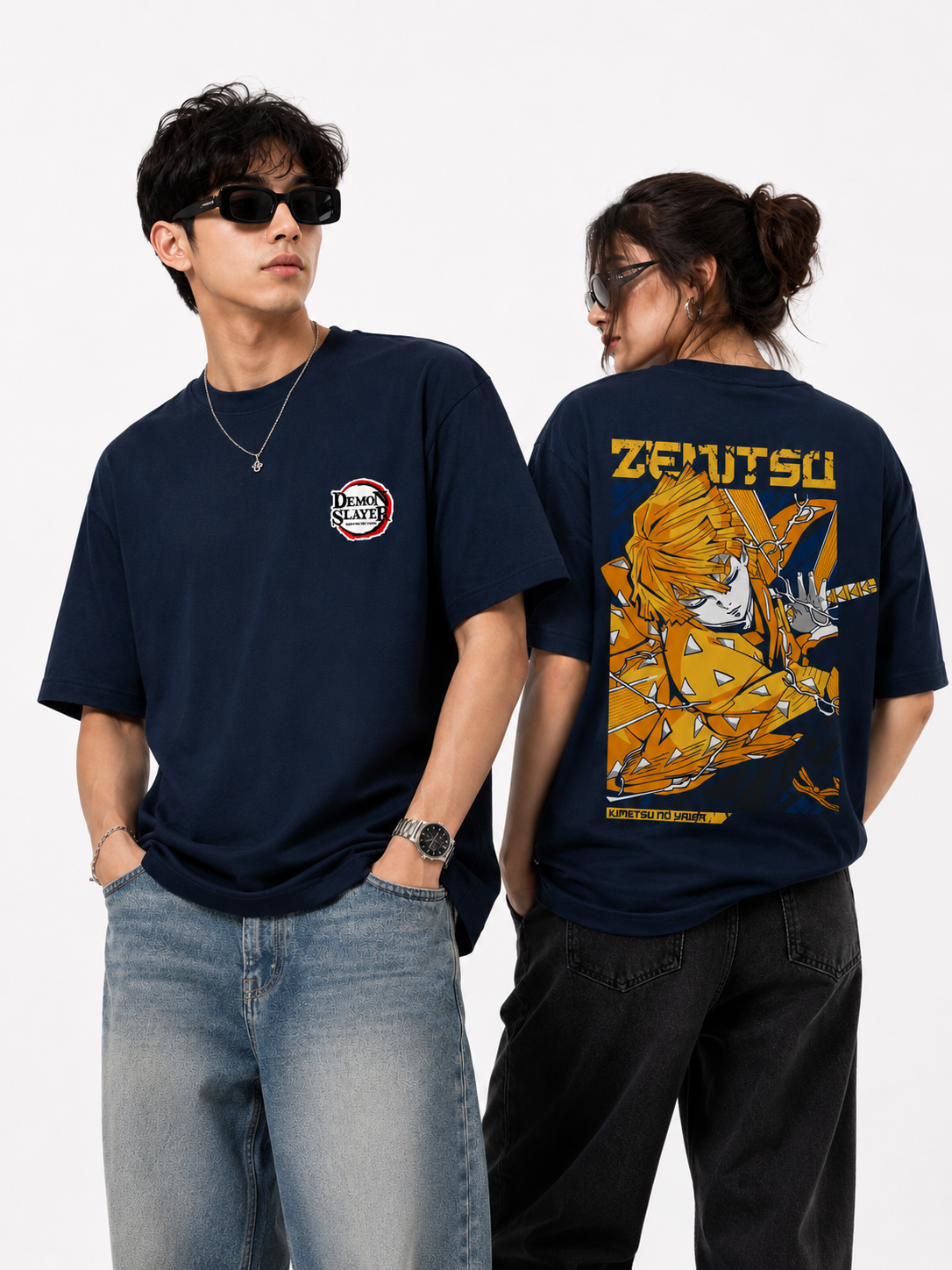 Zenitsu Thunder Oversized Cotton Unisex Navy Blue T-Shirt