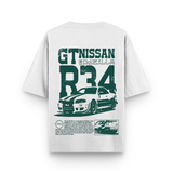 Nissan Skyline R34 GT-R Godzilla Oversized White Graphic T-Shirt