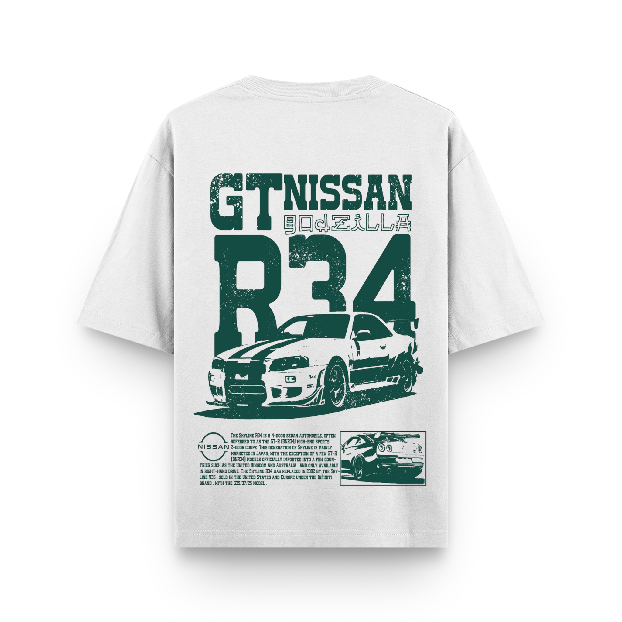 Nissan Skyline R34 GT-R Godzilla Oversized White Graphic T-Shirt