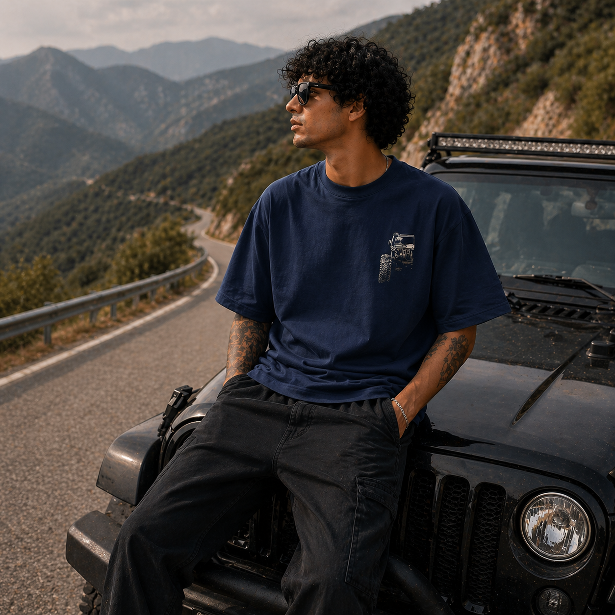 4x4 Offroad Beast Car Oversized Navy Blue Graphic T-Shirt