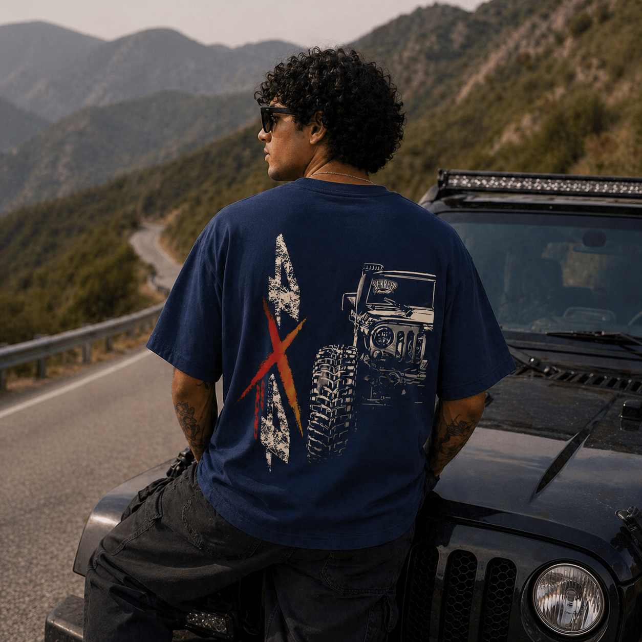 4x4 Offroad Beast Car Oversized Navy Blue Graphic T-Shirt