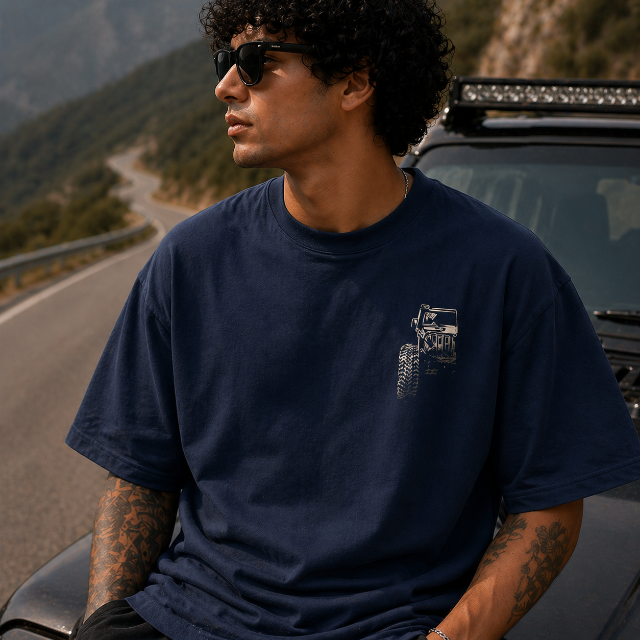 4x4 Offroad Beast Car Oversized Navy Blue Graphic T-Shirt
