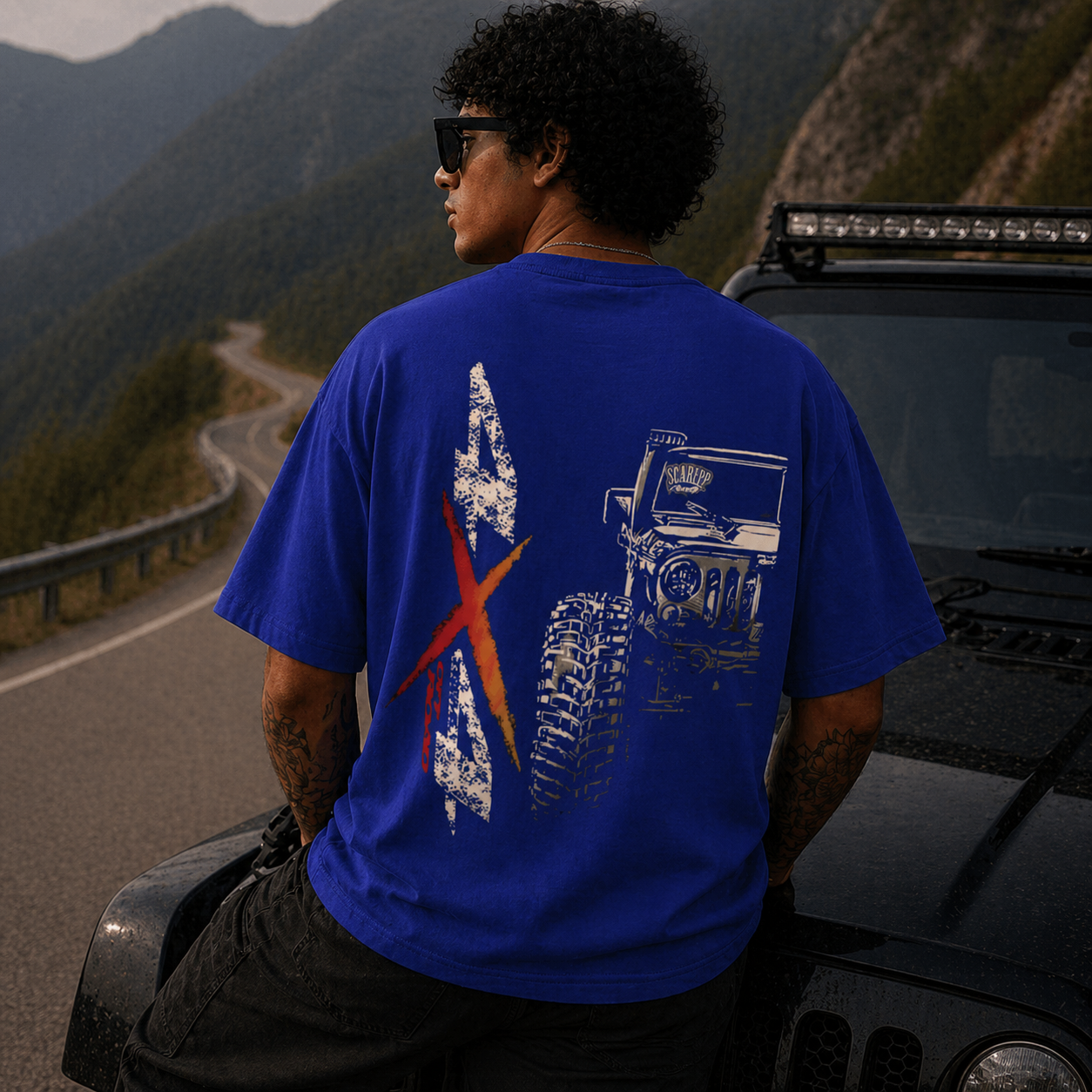 4x4 Offroad Beast Car Oversized Royal Blue Graphic T-Shirt