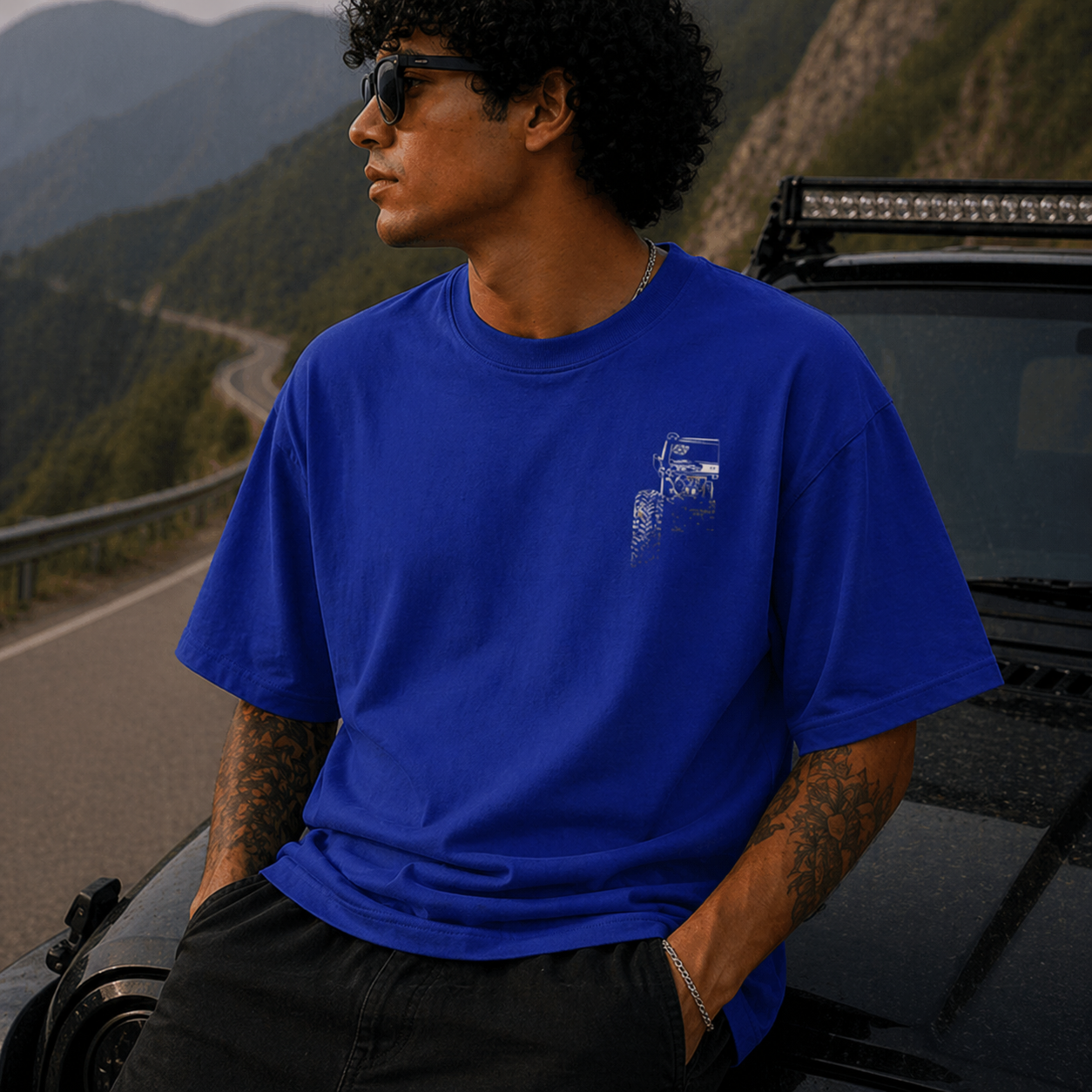 4x4 Offroad Beast Car Oversized Royal Blue Graphic T-Shirt