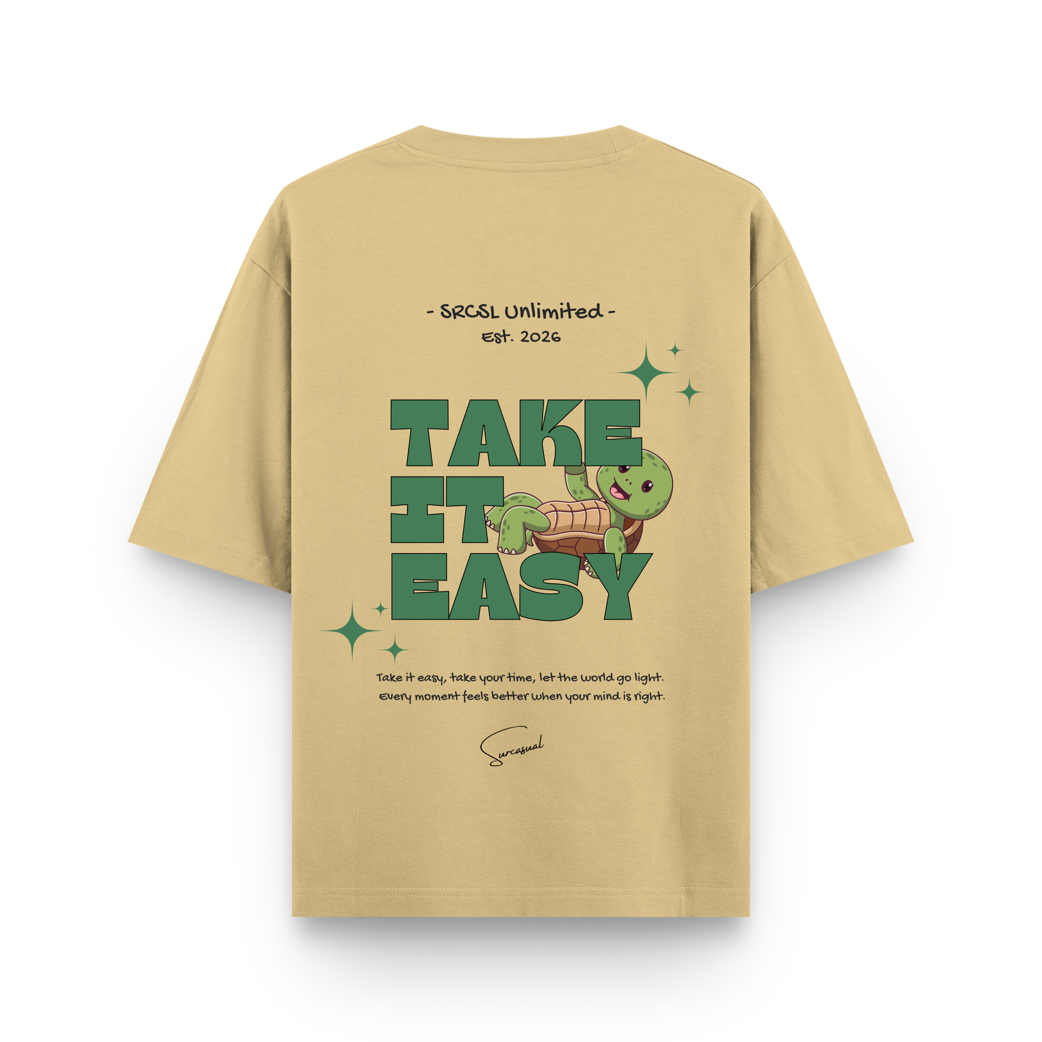 Take It Easy Turtle Oversized Beige Graphic T shirt