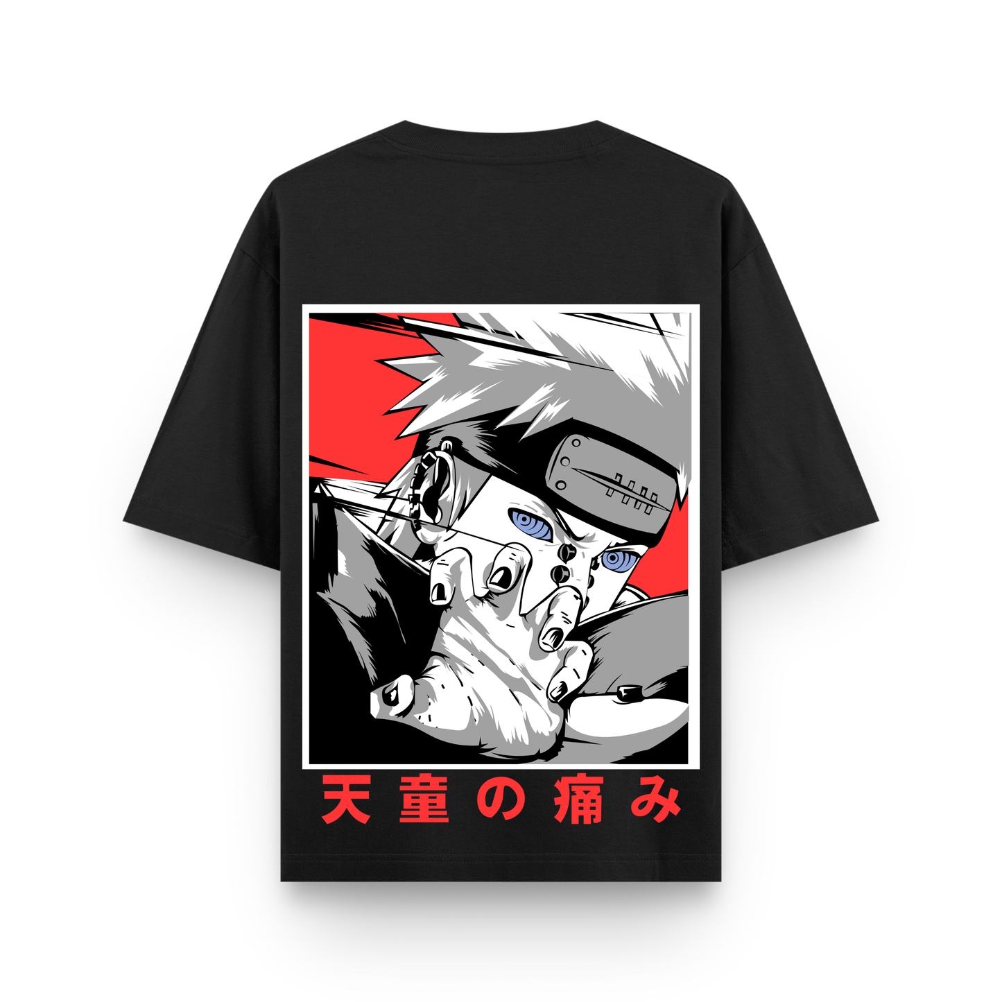 Black t-shirt with an anime character graphic and red text on a white background