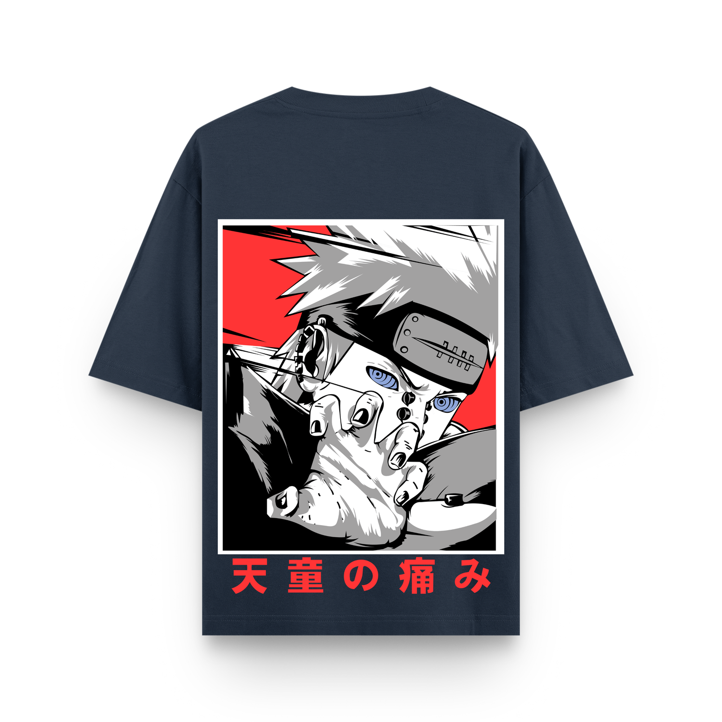 Navy blue t-shirt with anime character graphic on a white background