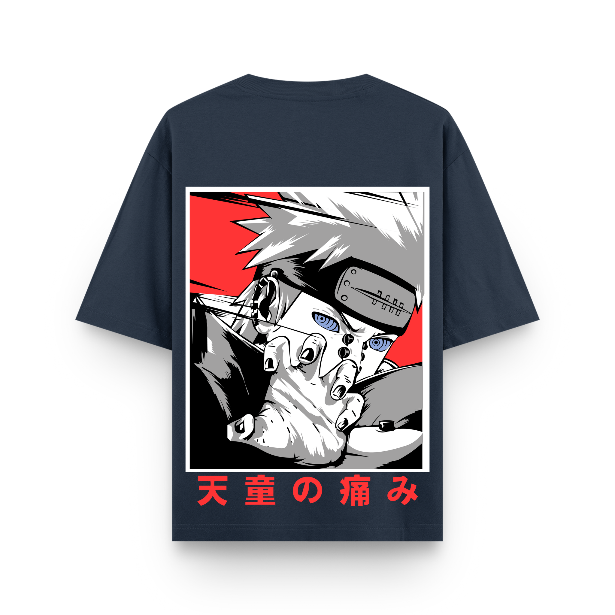 Navy blue t-shirt with anime character graphic on a white background