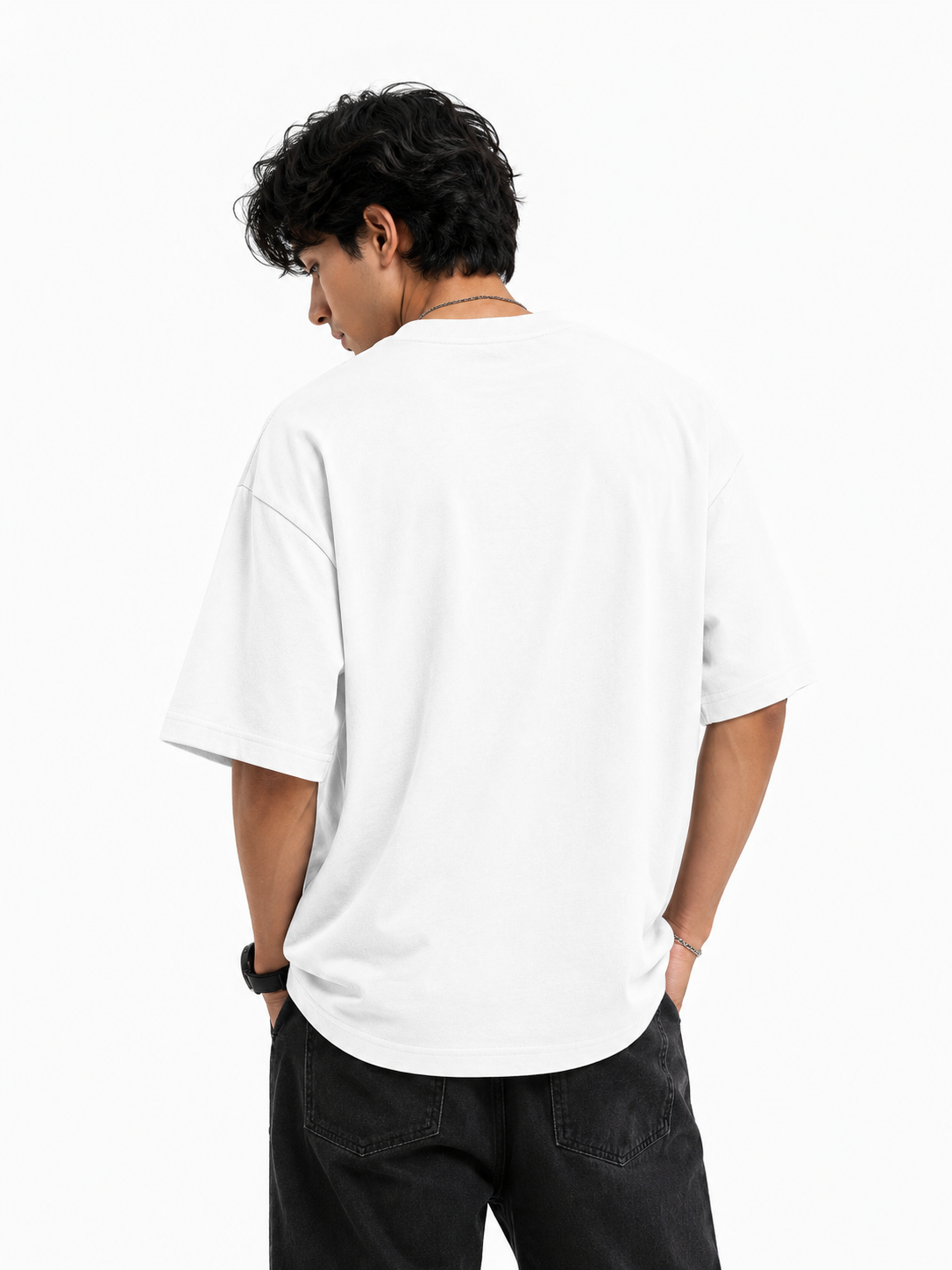 Person wearing a white t-shirt on a white background