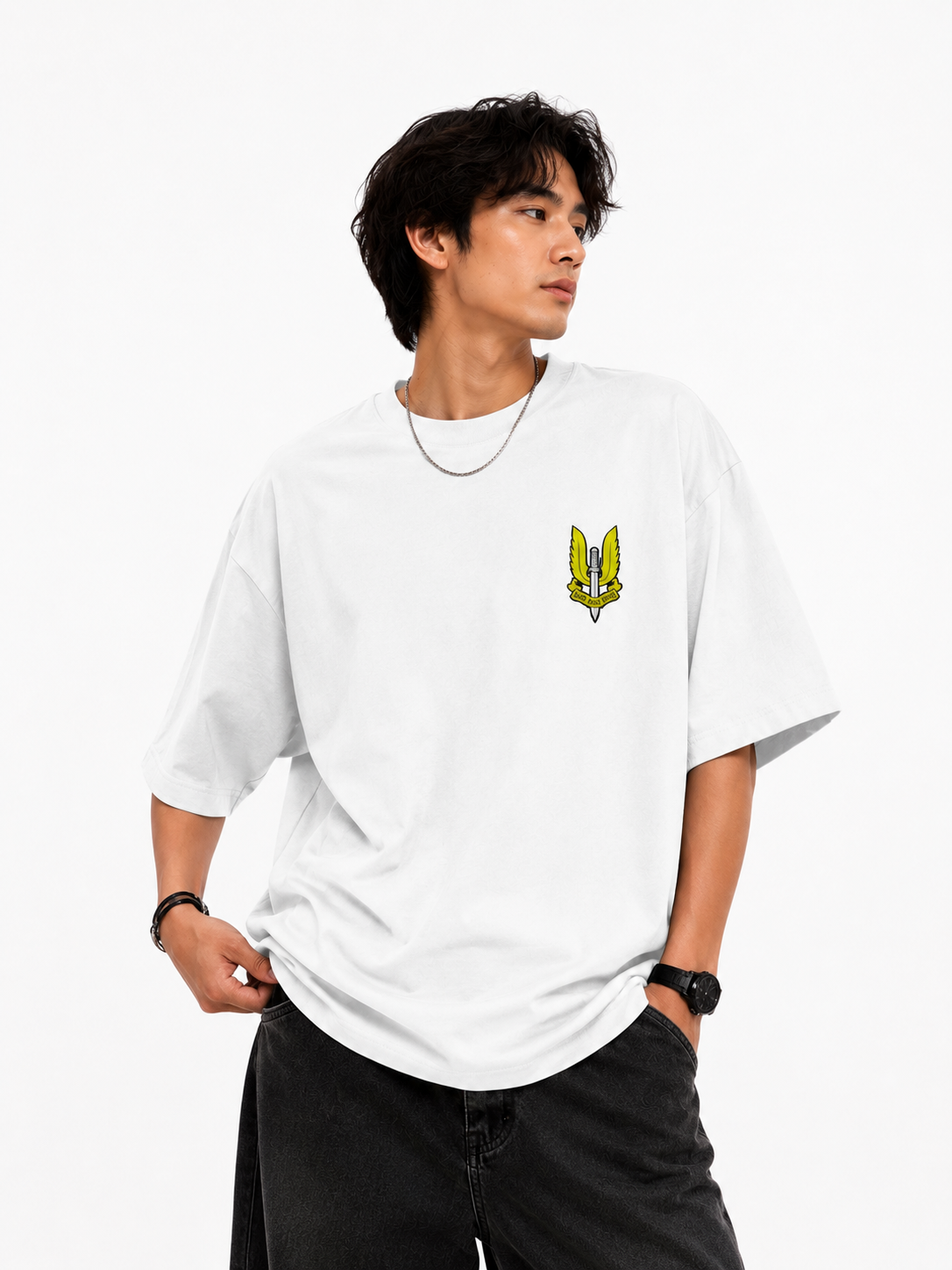 Person wearing a white t-shirt with a logo on a white background
