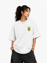 Person wearing a white t-shirt with a logo on a white background