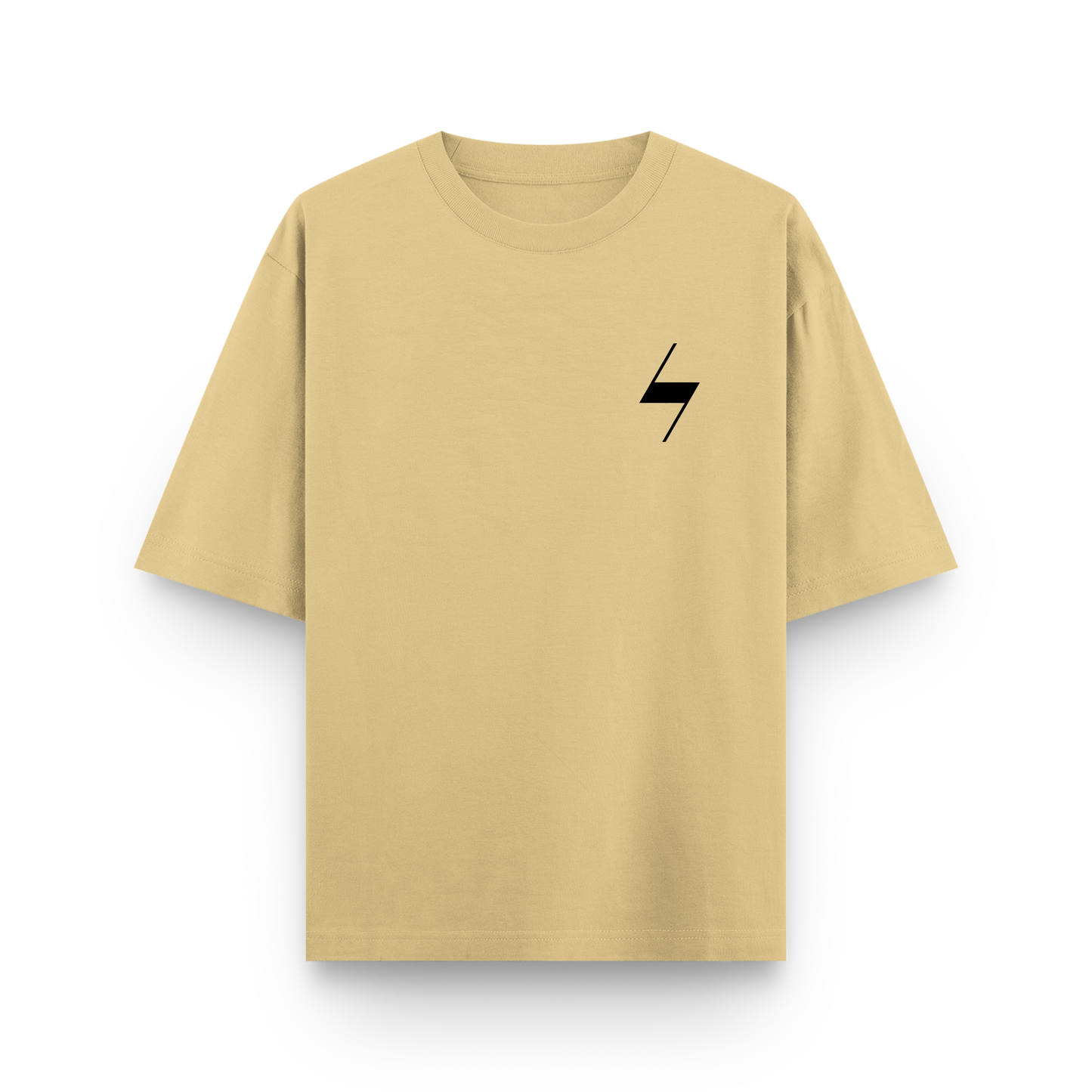 Beige t-shirt with a black lightning bolt symbol on a white background