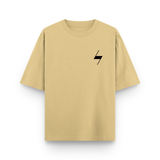 Beige t-shirt with a black lightning bolt symbol on a white background