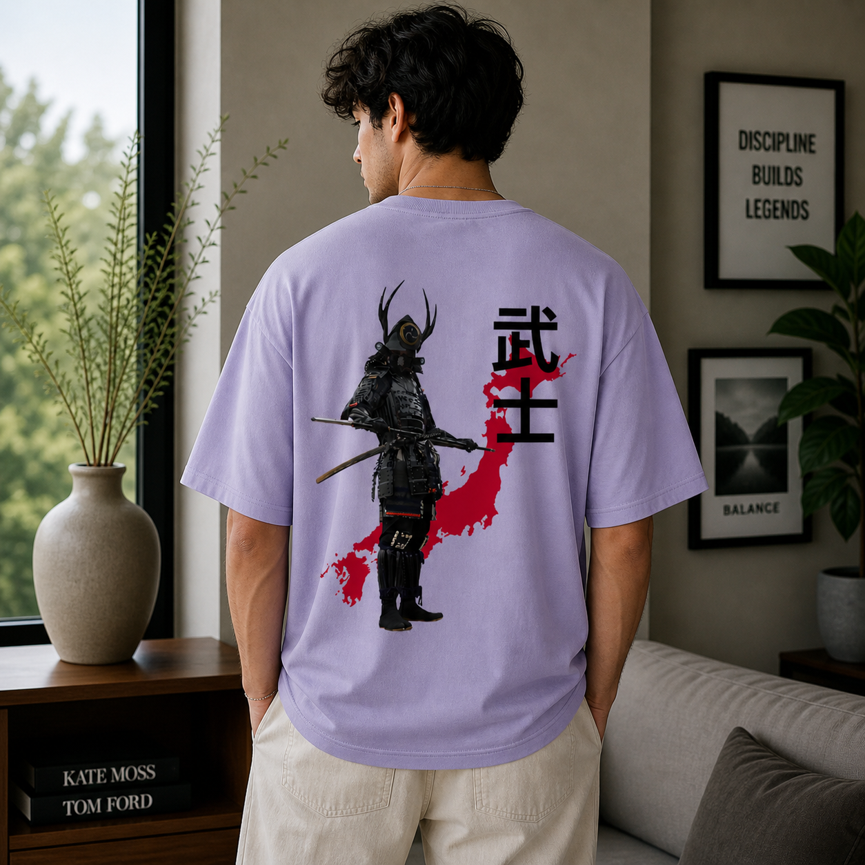 Black Samurai Bushi Oversized Lavender Graphic T-Shirt