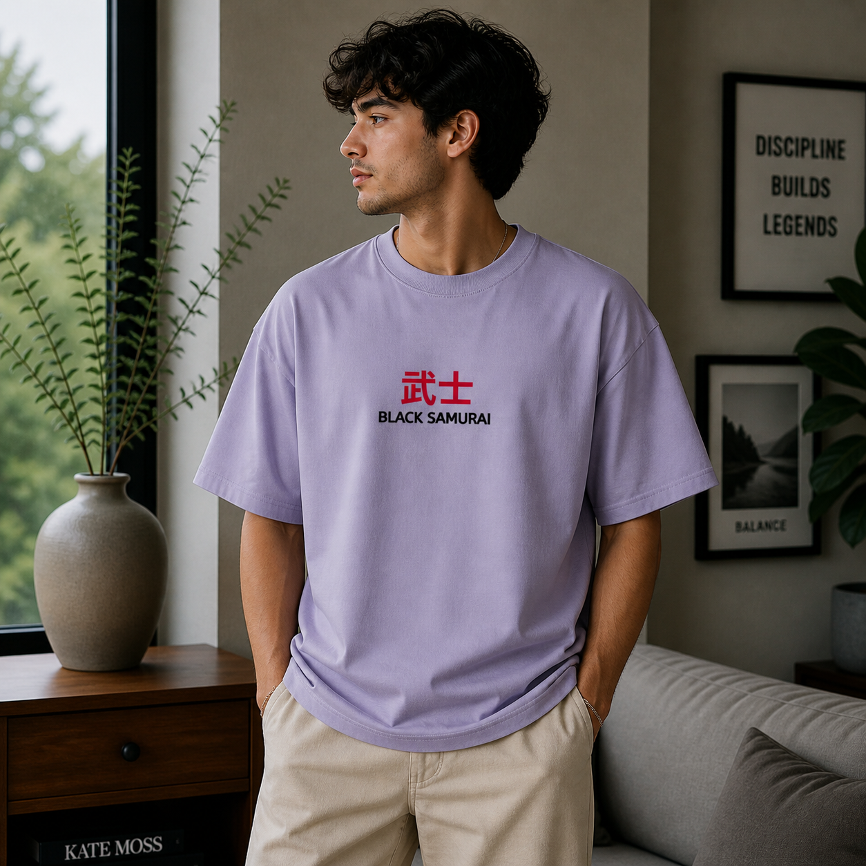 Black Samurai Bushi Oversized Lavender Graphic T-Shirt