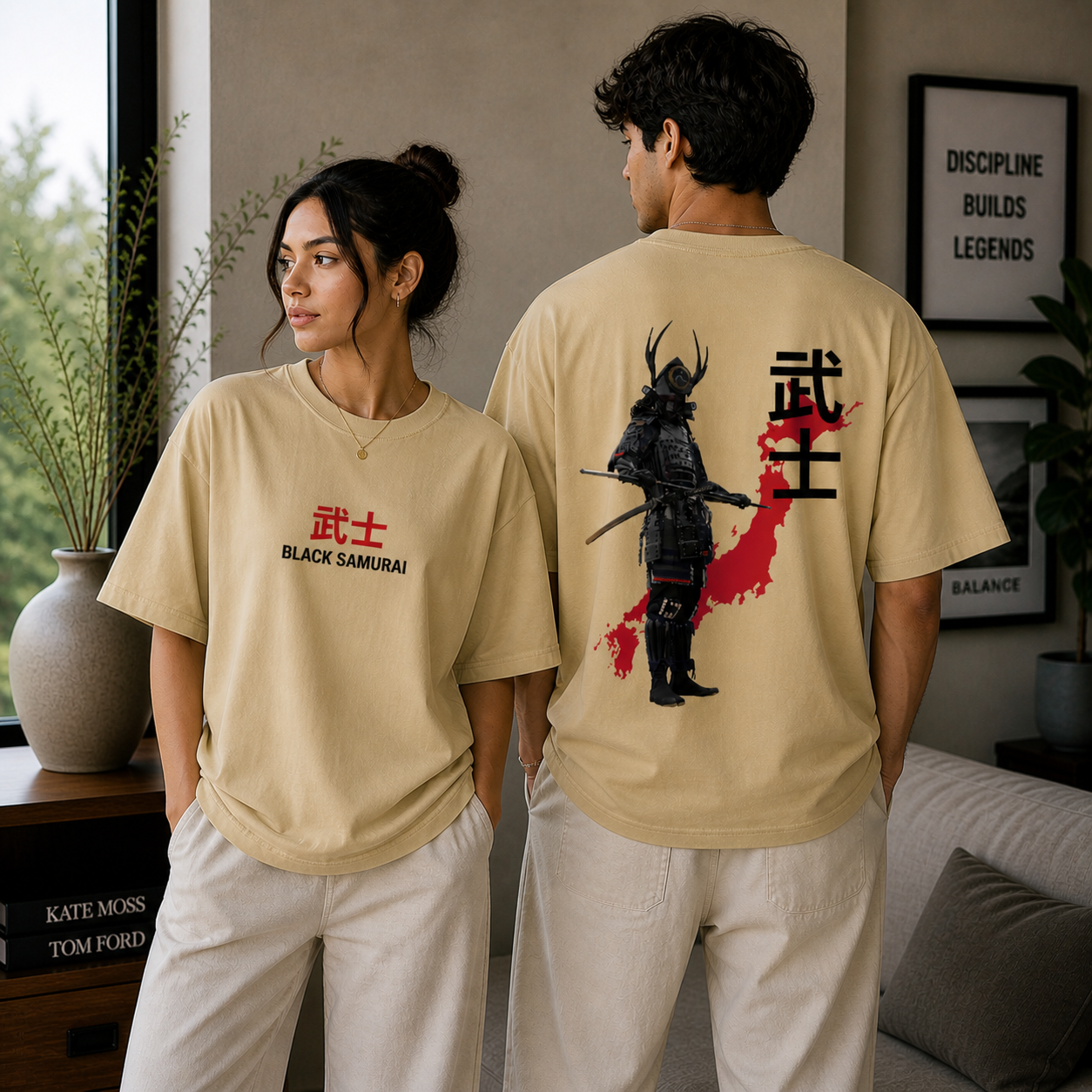 Black Samurai Bushi Oversized Sandy Beige Graphic T-Shirt