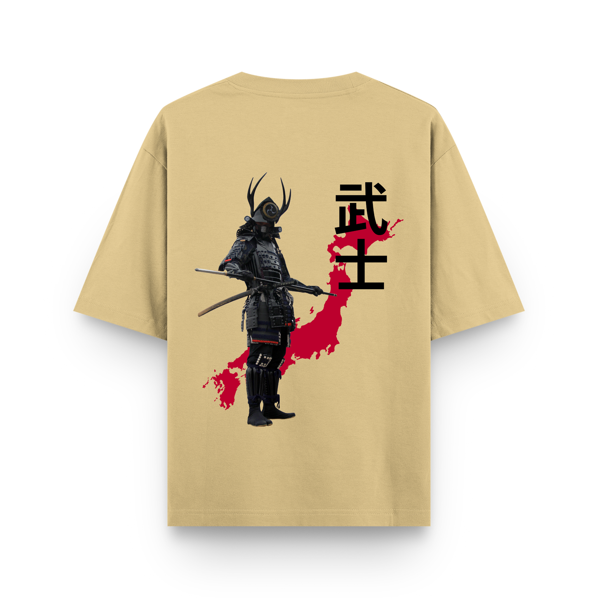 Black Samurai Bushi Oversized Sandy Beige Graphic T-Shirt