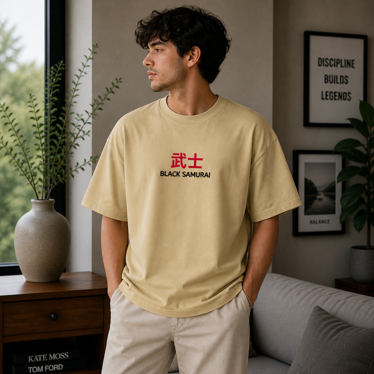 Black Samurai Bushi Oversized Sandy Beige Graphic T-Shirt