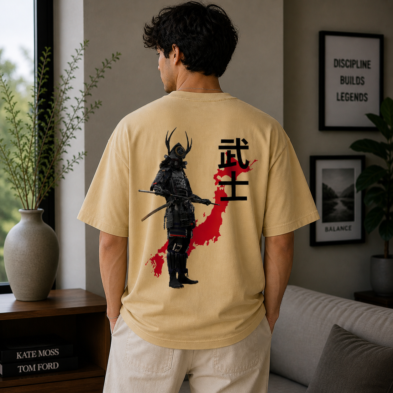 Black Samurai Bushi Oversized Sandy Beige Graphic T-Shirt