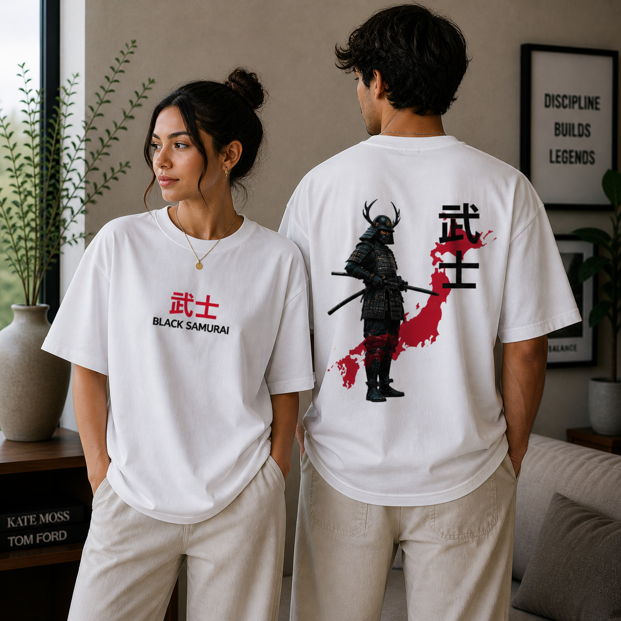 Black Samurai Bushi Oversized White Graphic T-Shirt