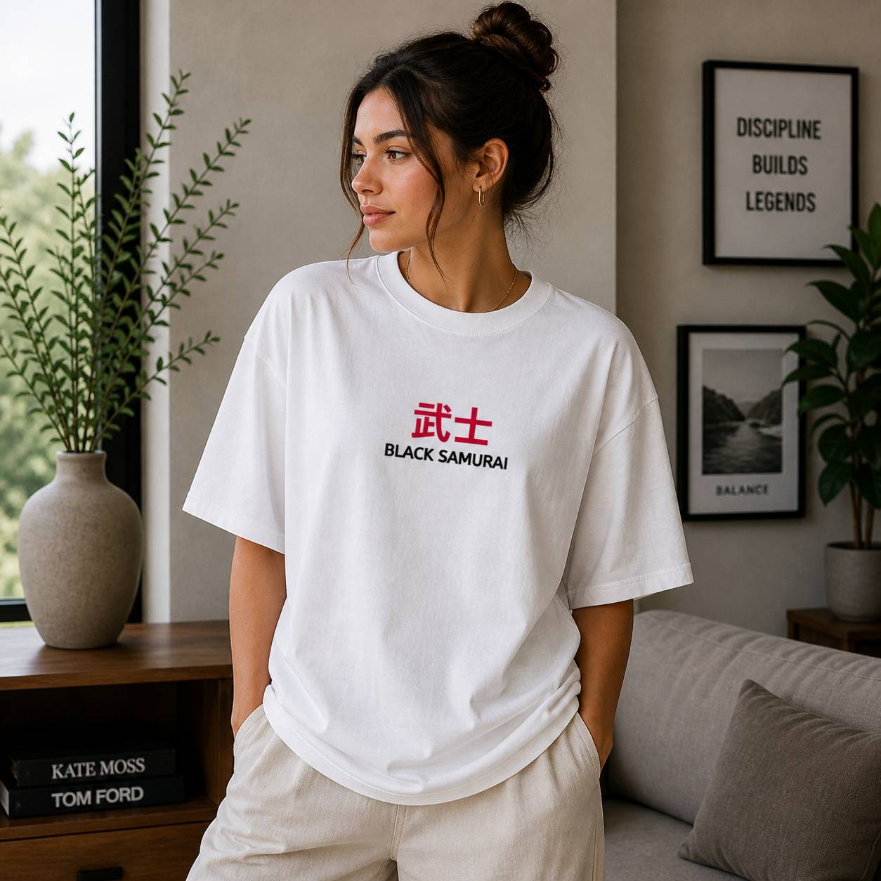 Black Samurai Bushi Oversized White Graphic T-Shirt