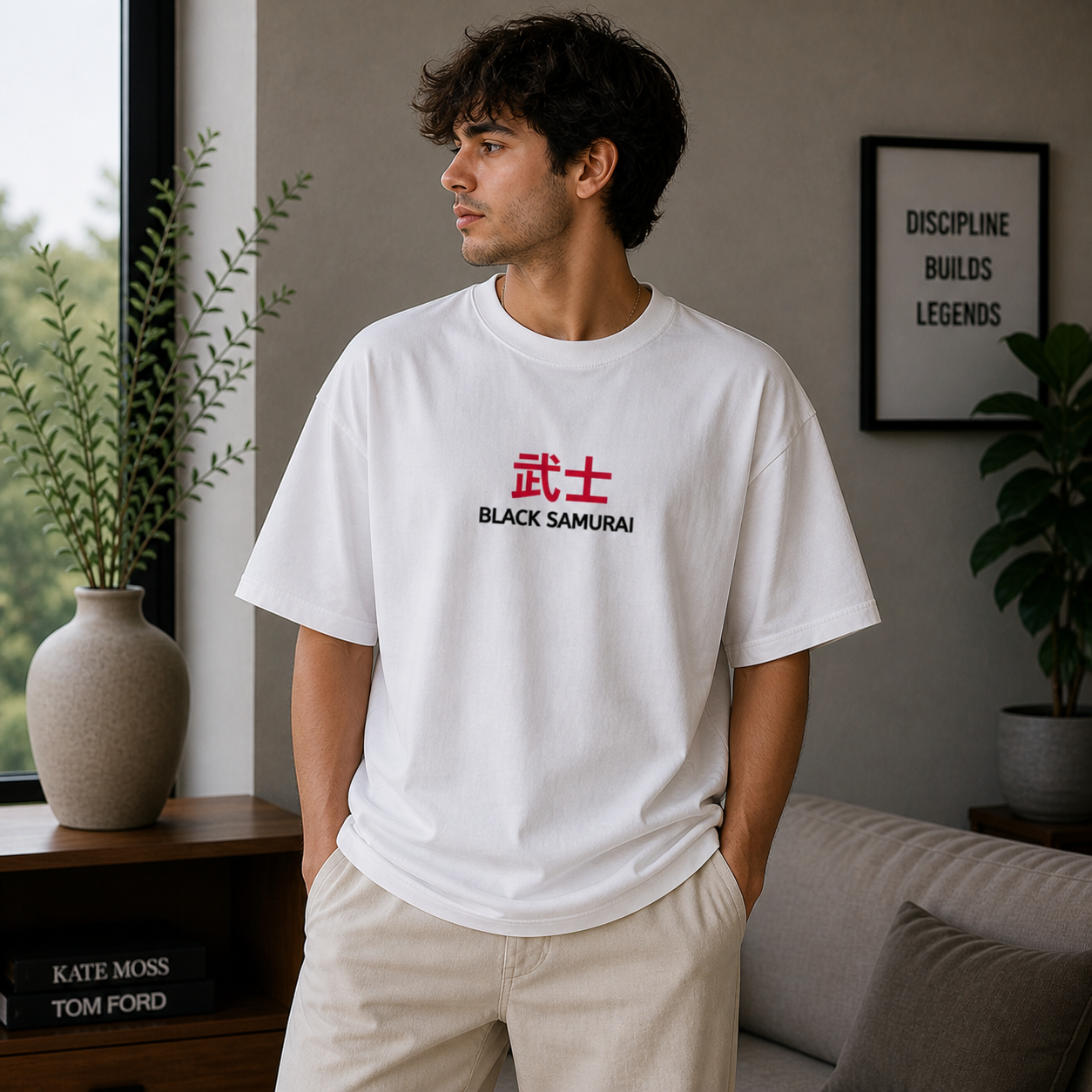 Black Samurai Bushi Oversized White Graphic T-Shirt