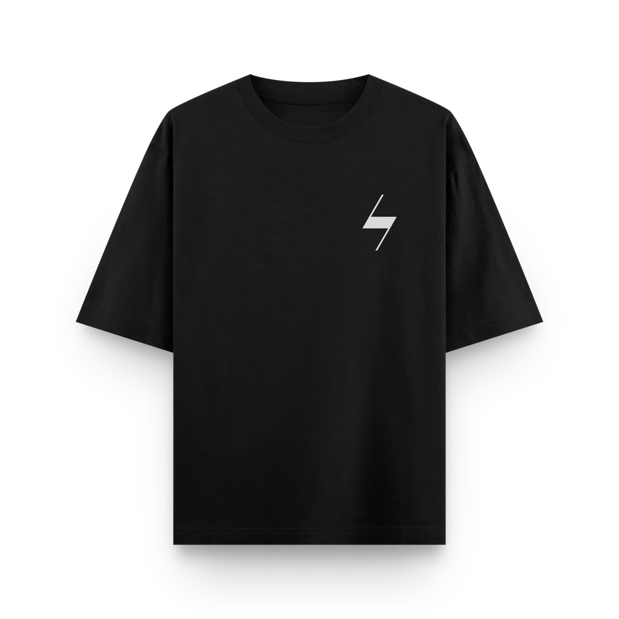 Black t-shirt with a white logo on a white background