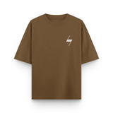 Brown t-shirt with a white logo on a white background