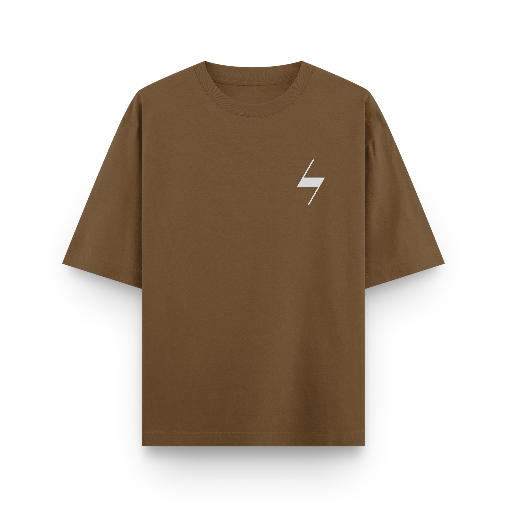 Brown t-shirt with a white logo on a white background