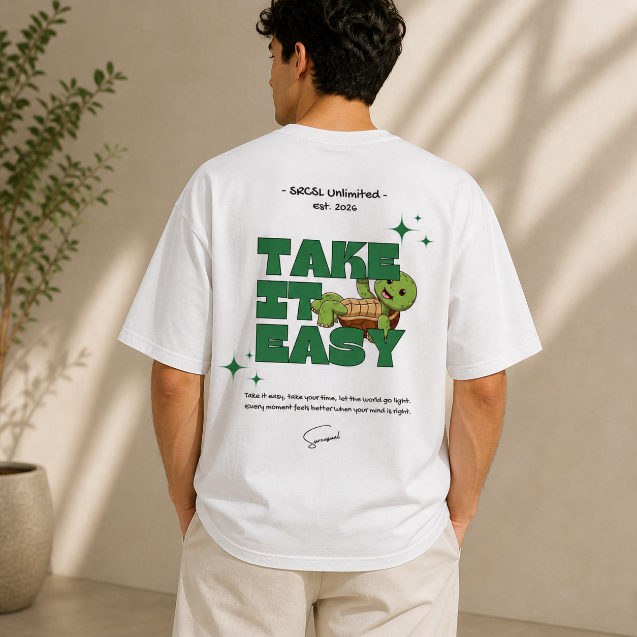 Take It Easy Turtle Oversized White Graphic T shirt