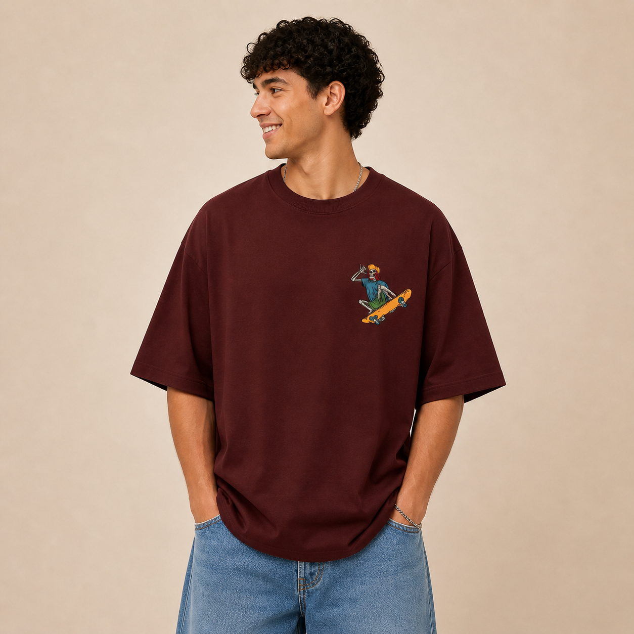 Skate and Destroy Skeleton Oversized Maroon Graphic T-Shirt