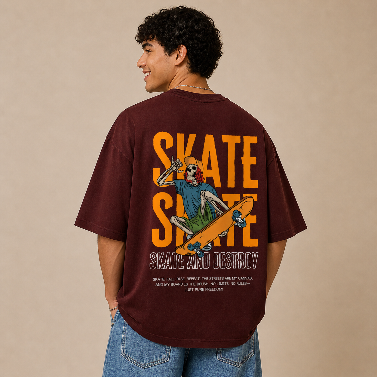 Skate and Destroy Skeleton Oversized Maroon Graphic T-Shirt