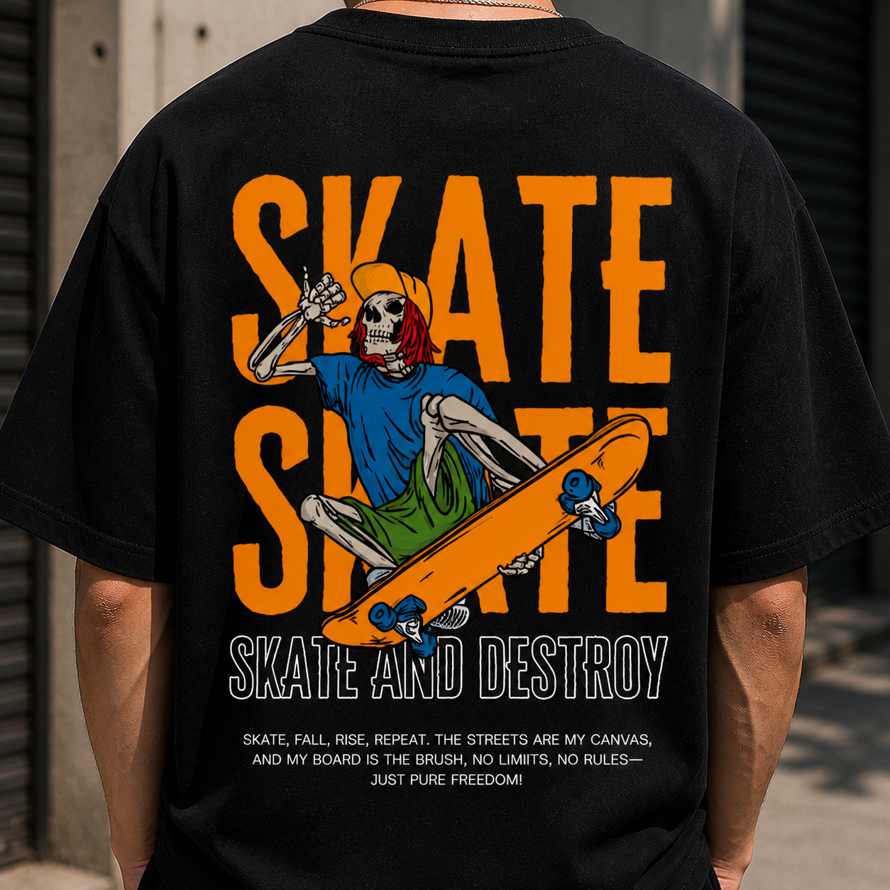 Skate and Destroy Skeleton Oversized Black Graphic T-Shirt