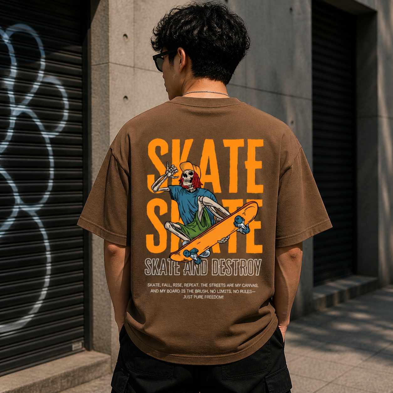 Skate and Destroy Skeleton Oversized Brown Graphic T-Shirt