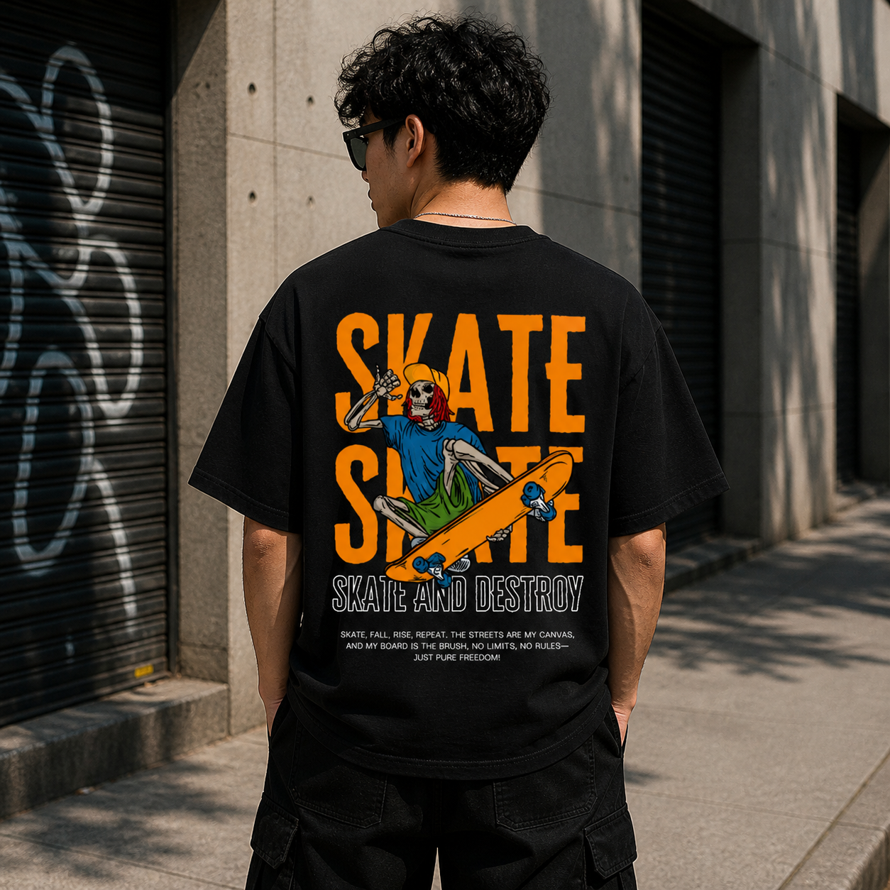 Skate and Destroy Skeleton Oversized Black Graphic T-Shirt