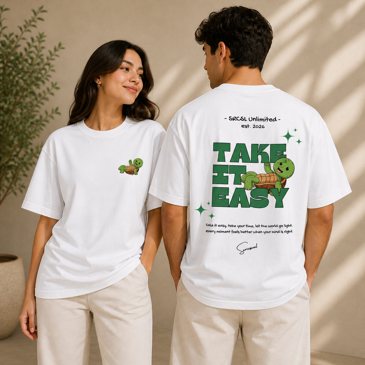 Take It Easy Turtle Oversized White Graphic T shirt