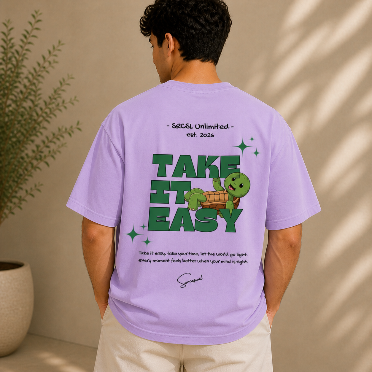 Take It Easy Turtle Oversized Lavender Graphic T shirt