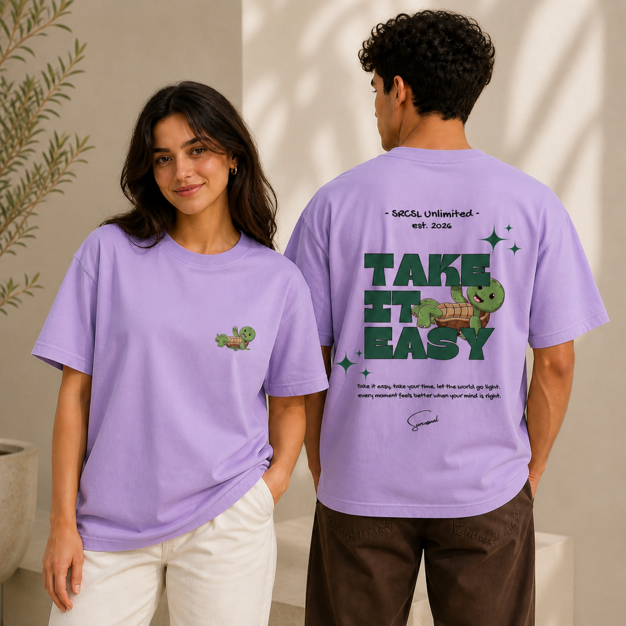 Take It Easy Turtle Oversized Lavender Graphic T shirt