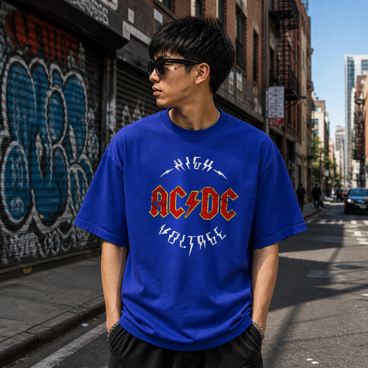 AC/DC High Voltage Oversized Royal Blue Graphic T-Shirt