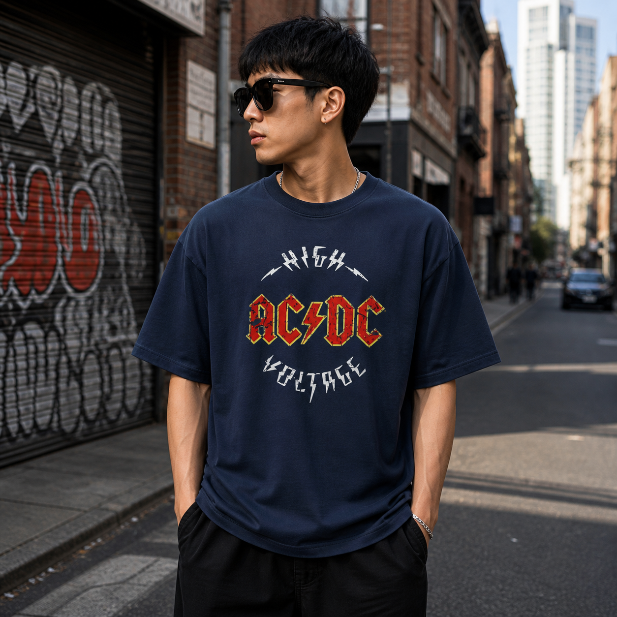 AC/DC High Voltage Oversized Navy Blue Graphic T-Shirt