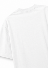 Close-up of a plain white t-shirt with a visible brand logo.