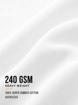 Close-up of white fabric with text indicating 240 GSM, heavy weight, 100% super combed cotton, and oversized design.