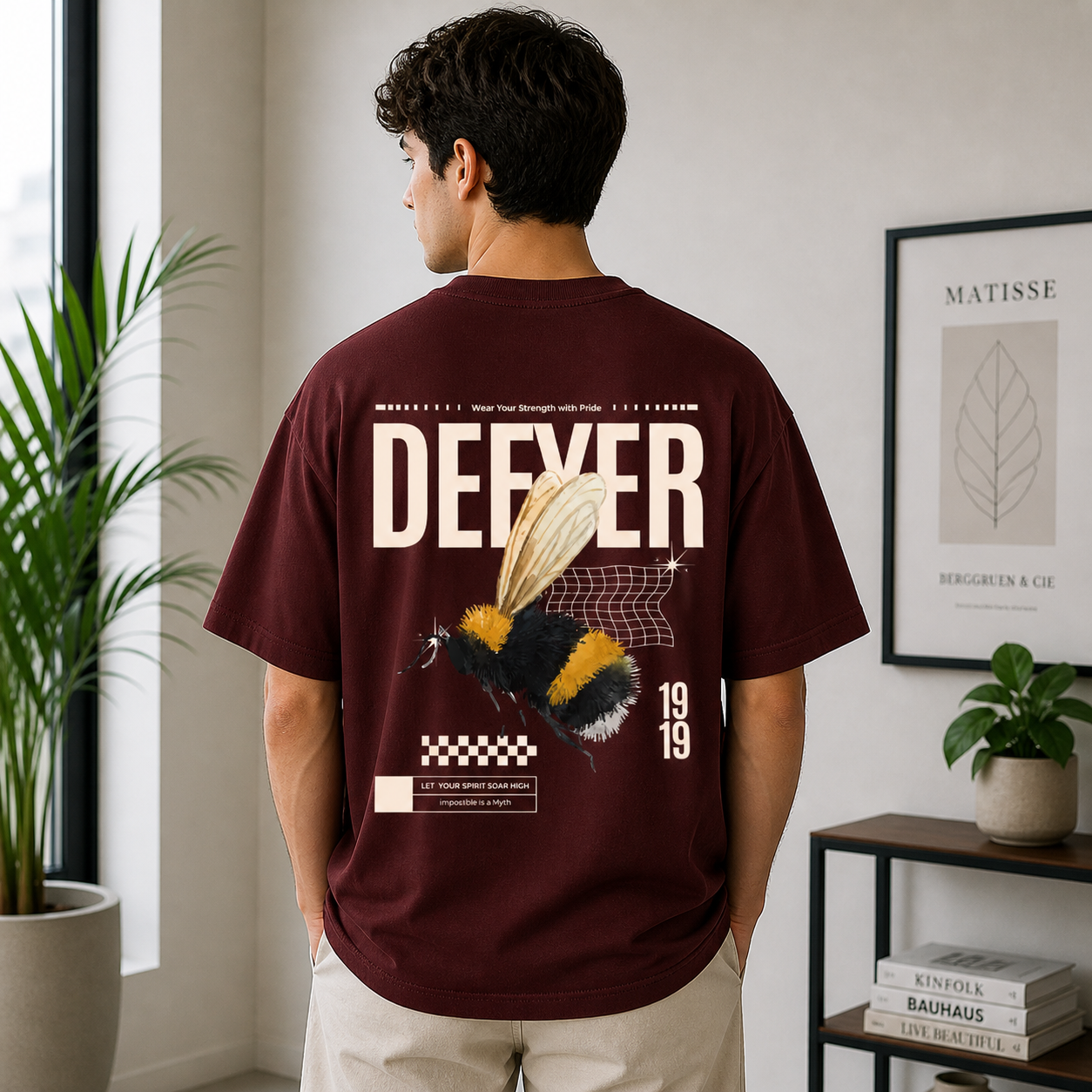 Defyer Bumblebee Cotton Oversized T shirt Maroon