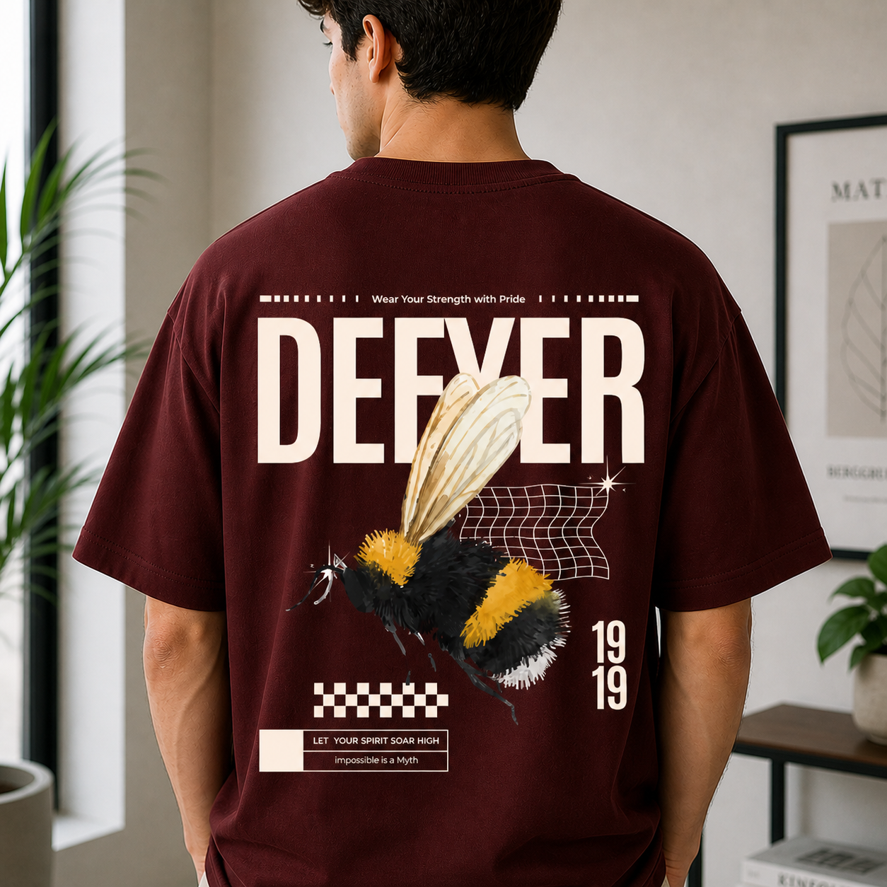 Defyer Bumblebee Cotton Oversized T shirt Maroon