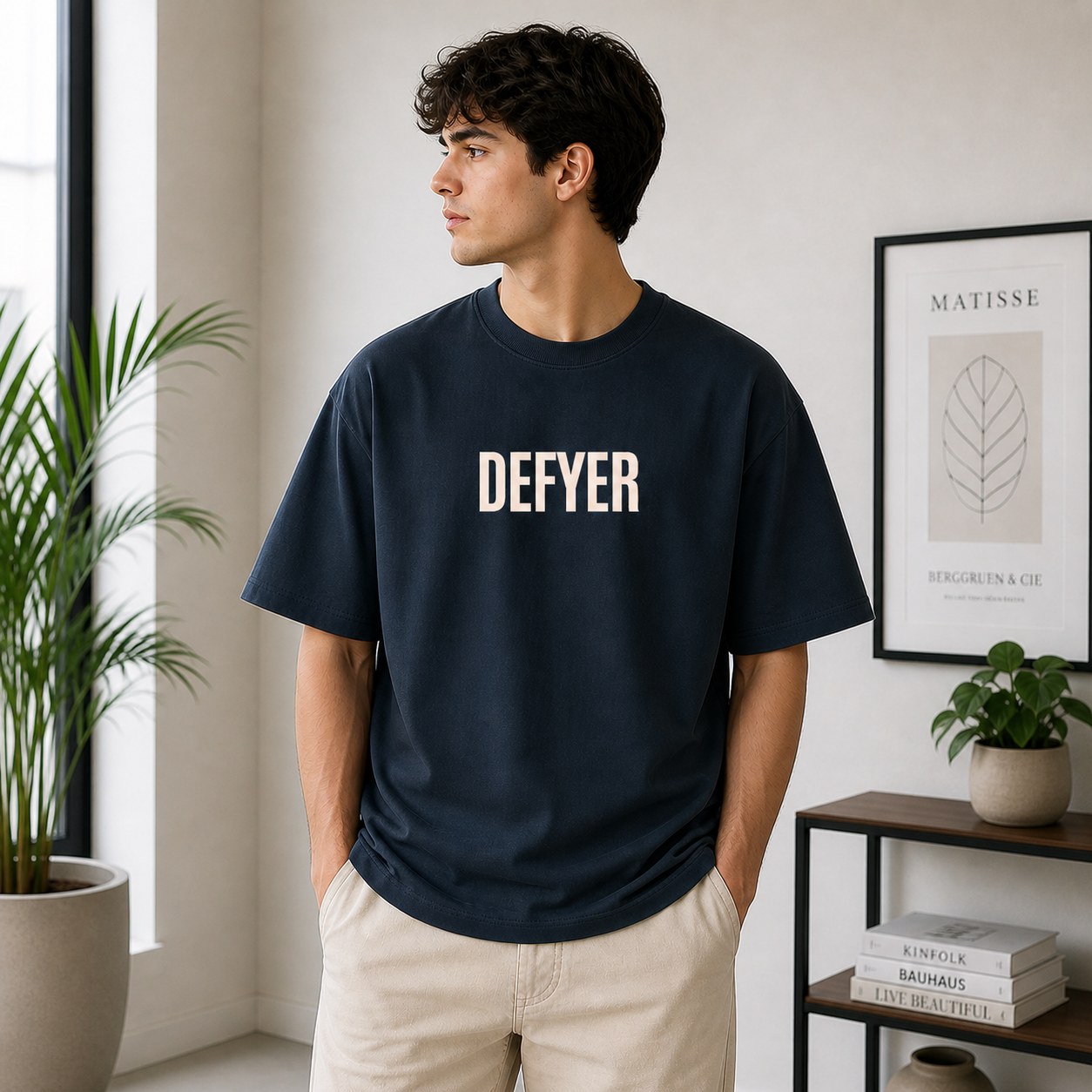 Defyer Bumblebee Cotton Oversized T shirt Navy Blue