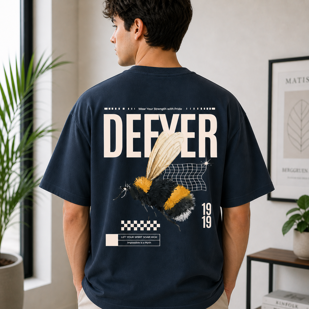 Defyer Bumblebee Cotton Oversized T shirt Navy Blue