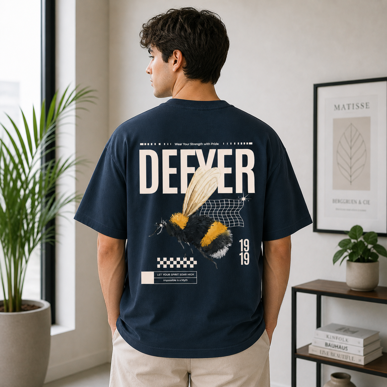 Defyer Bumblebee Cotton Oversized T shirt Navy Blue