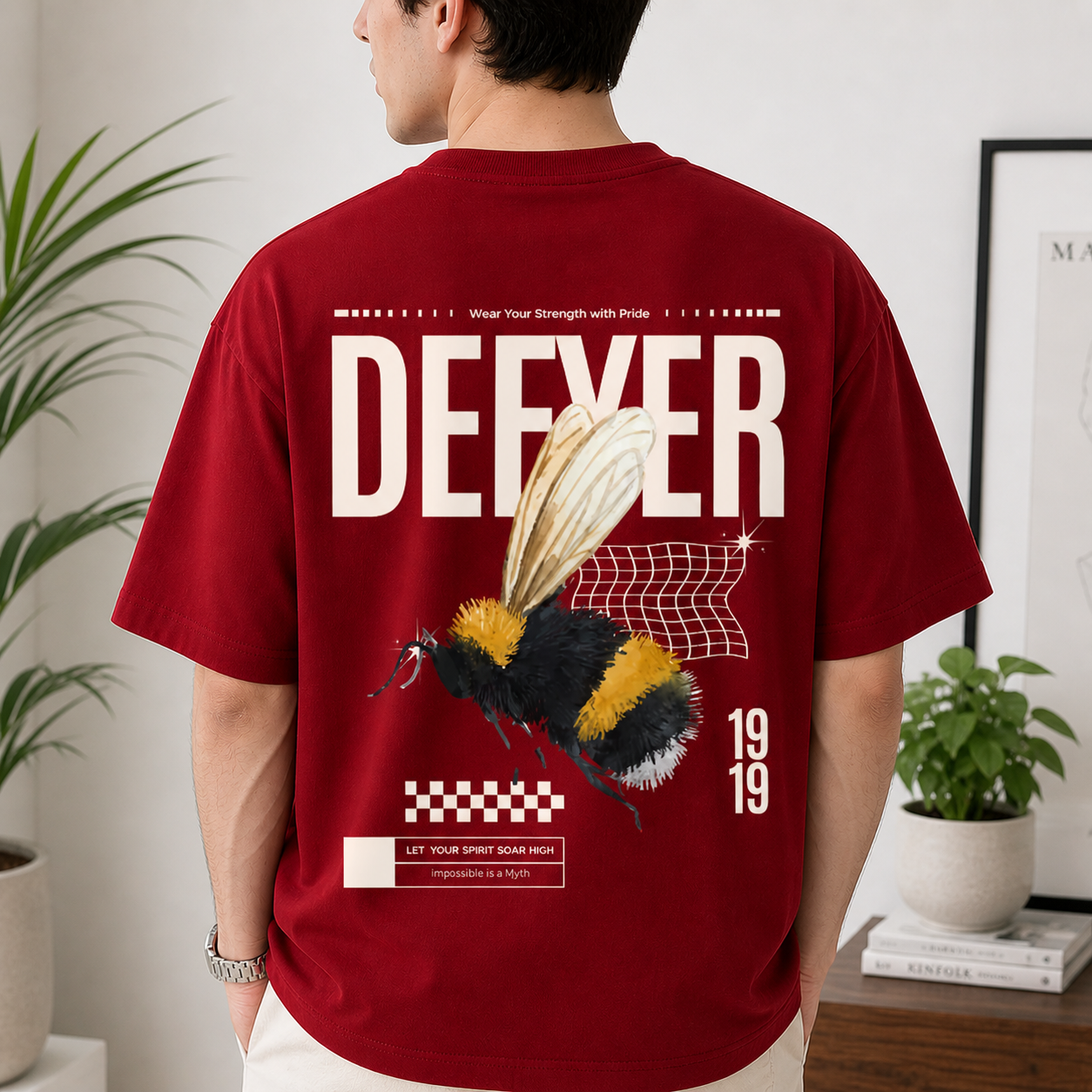 Defyer Bumblebee Cotton Oversized T shirt Red