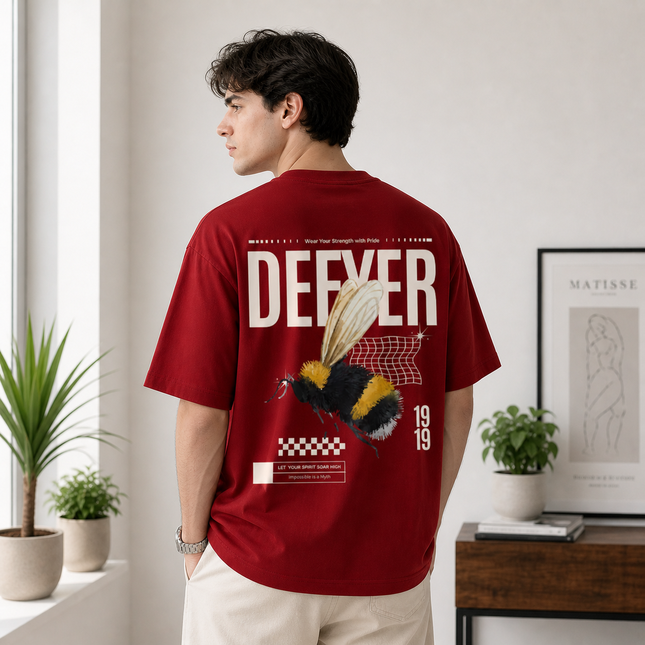 Defyer Bumblebee Cotton Oversized T shirt Red